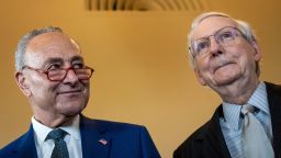 Senate Majority Leader Chuck Schumer and Senate Minority Leader Mitch McConnell stand for a photo at the US Capitol on July 27, 2023 in Washington, DC.
