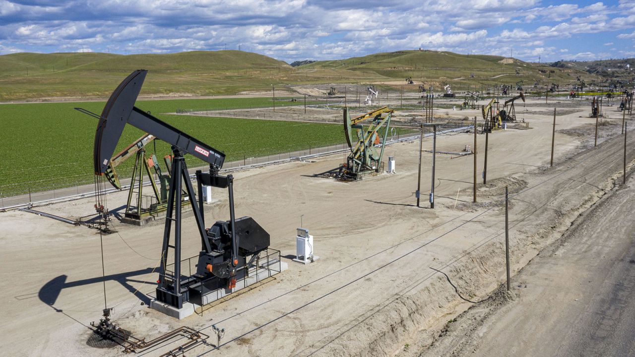 Oil well pump jacks operated by Chevron in San Ardo, California, in 2021.
