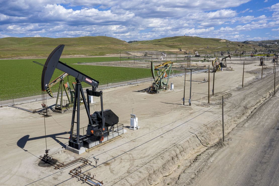 Oil well pump jacks operated by Chevron in San Ardo, California, in 2021.