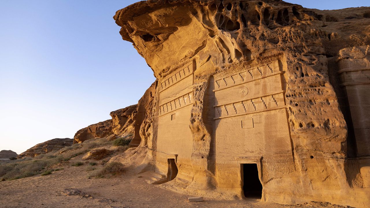 A photograph shows ancient Nabataean carved tombs at the archaeological site of al-Hijr (Hegra), near the northwestern Saudi city of al-Ula, on February 3, 2023. - Dating back to the first century BC, the archaeological site includes 111 tombs, most of which boast a decorated facade, cave drawings and even some pre-Nabataean inscriptions. (Photo by Thomas SAMSON / AFP) (Photo by THOMAS SAMSON/AFP via Getty Images)