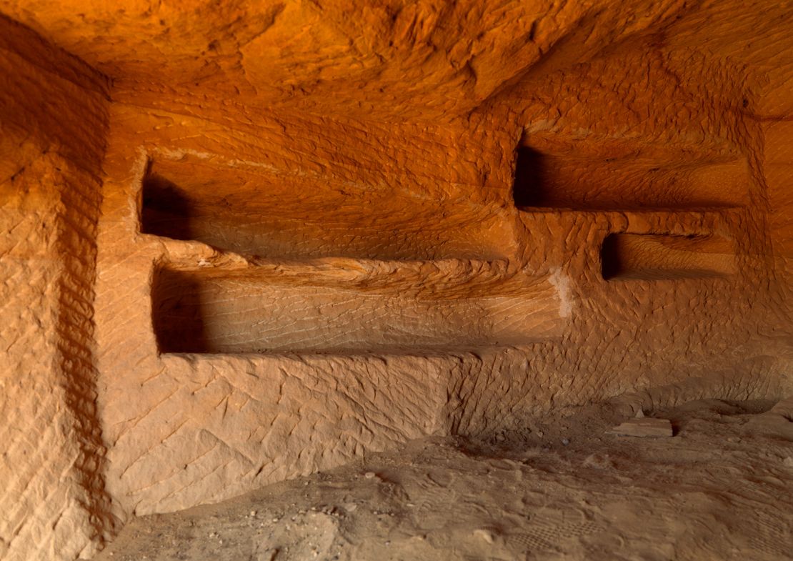 ALULA, SAUDI ARABIA - JANUARY 23: Inside a nabataean tomb in al-Hijr archaeological site in Madain Saleh, Al Madinah Province, Alula, Saudi Arabia on January 23, 2010 in Alula, Saudi Arabia. (Photo by Eric Lafforgue/Art in All of Us/Corbis via Getty Images)