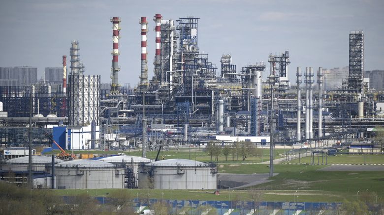 Russian oil producer Gazprom Neft's Moscow oil refinery on the south-eastern outskirts of Moscow on April 28, 2022. Photo by Natalia Kolesnikova / AFP via Getty Images. 