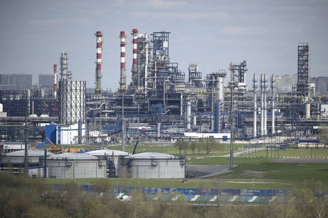 Russian oil producer Gazprom Neft's oil refinery on the outskirts of Moscow, seen in April 2022