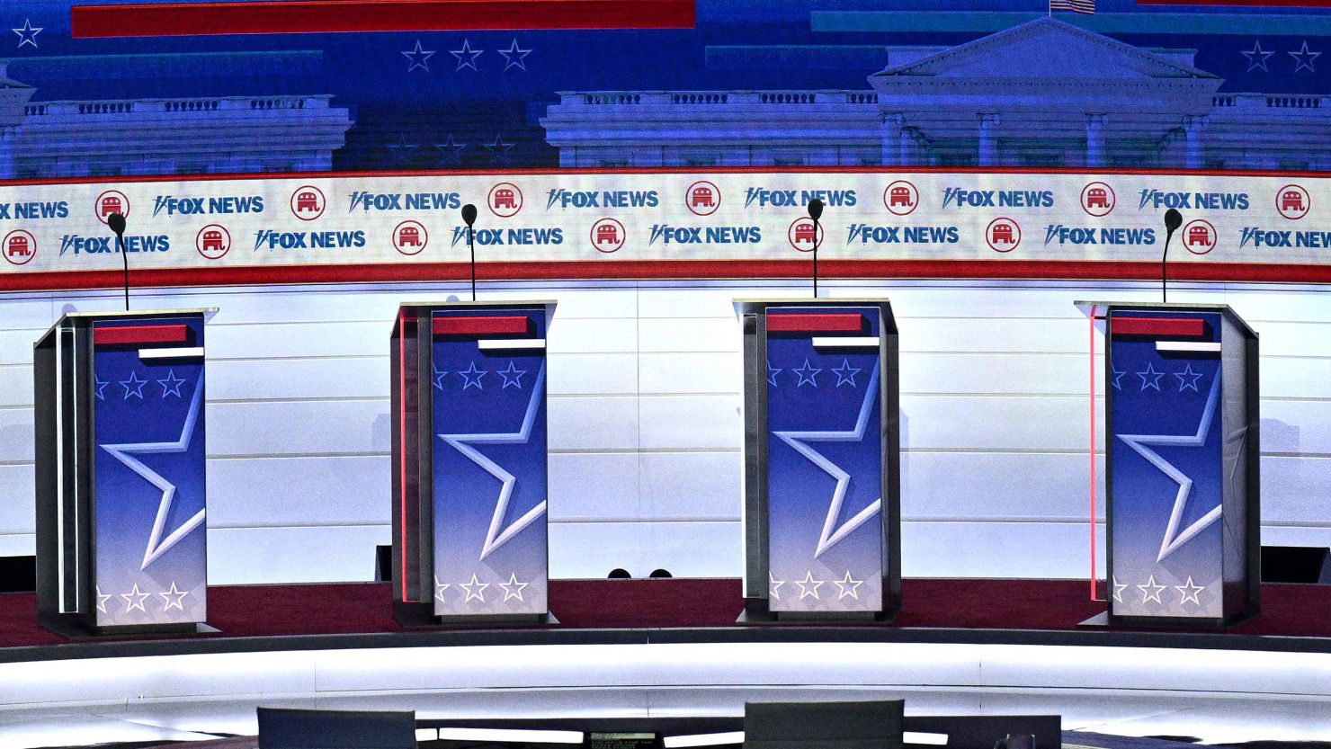 The stage is pictured ahead of the first Republican Presidential primary debate at the Fiserv Forum in Milwaukee on August 23, 2023. 
