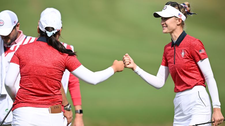 CASARES, SPAIN - SEPTEMBER 22: Nelly Korda and Allisen Corpuz of Team USA fist bump on the 13th green during Day One of The Solheim Cup at Finca Cortesin Golf Club on September 22, 2023 in Casares, Spain. (Photo by Stuart Franklin/Getty Images)