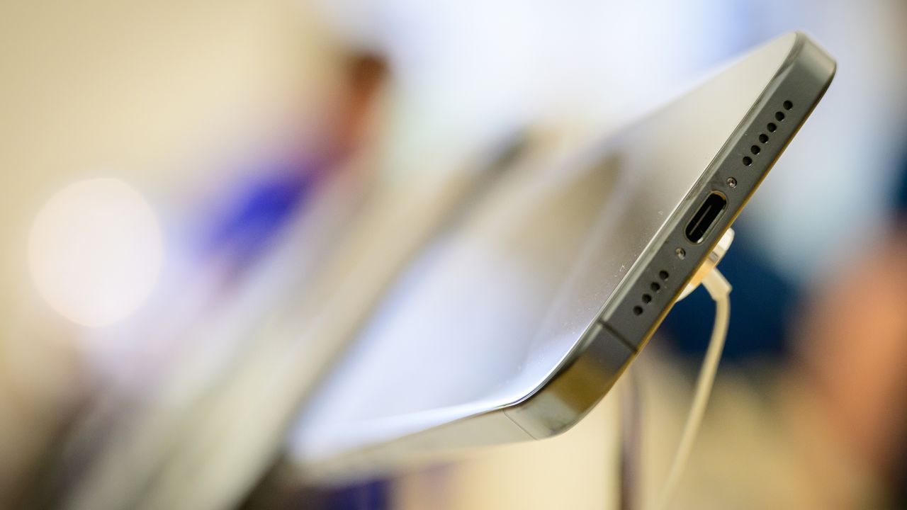 A USB-C port is seen on a display model as customers purchase iPhone 15 handsets at the Apple Store on September 22, 2023 in London, England. After Apple's announcement of the iPhone 15 series on September 12, including the iPhone 15, iPhone 15 Plus, iPhone 15 Pro, and iPhone 15 Pro Max, the highly anticipated lineup is now available for in-store pickup starting today. 