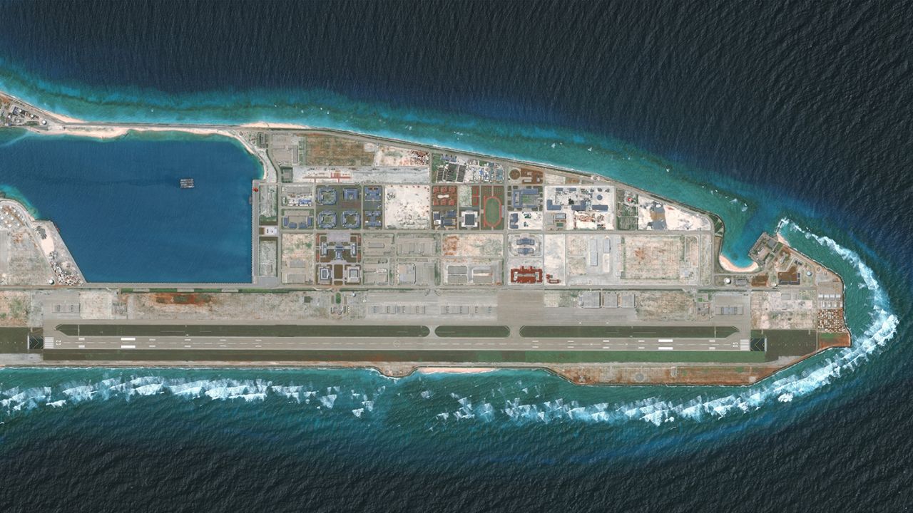 China reclaimed land on Fiery Cross Reef in the western part of the Spratly Islands group and built a runway that was completed in 2018.