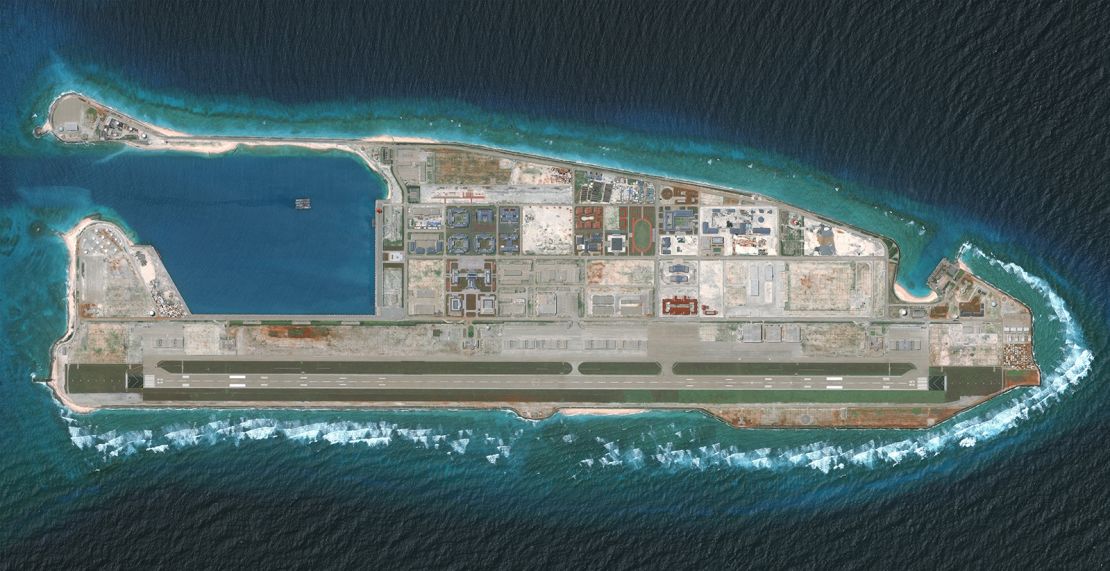 China reclaimed land on Fiery Cross Reef in the western part of the Spratly Islands group and built a runway that was completed in 2018.