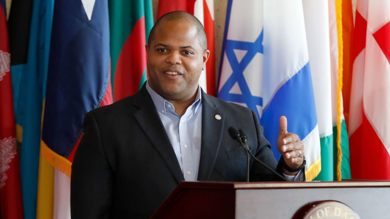 Dallas Mayor Eric Johnson responds to a question during a news conference at City Hall in Dallas in this April 2020 file photo.