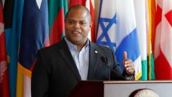 This April 2020 photo shows Dallas Mayor Eric Johnson responding to a question during a news conference at 