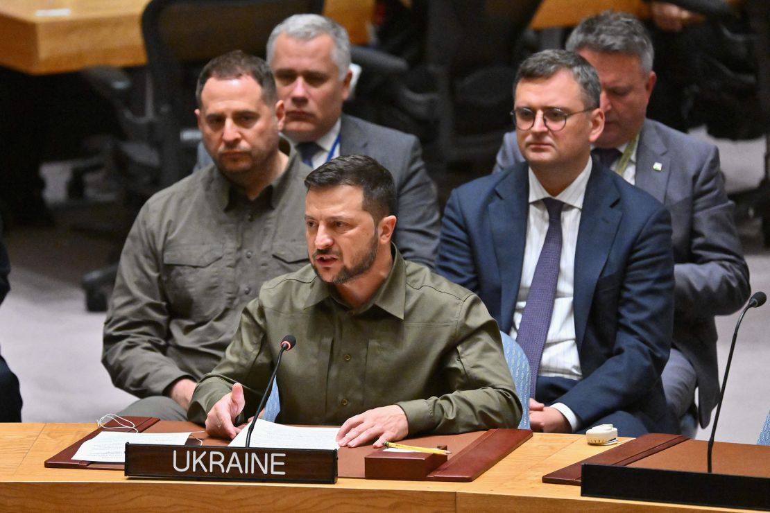 Ukrainian President Volodymyr Zelensky, pictured at the UN headquarters in New York City on September 20, 2023, has been caught in a diplomatic spat with Poland over a grain dispute.