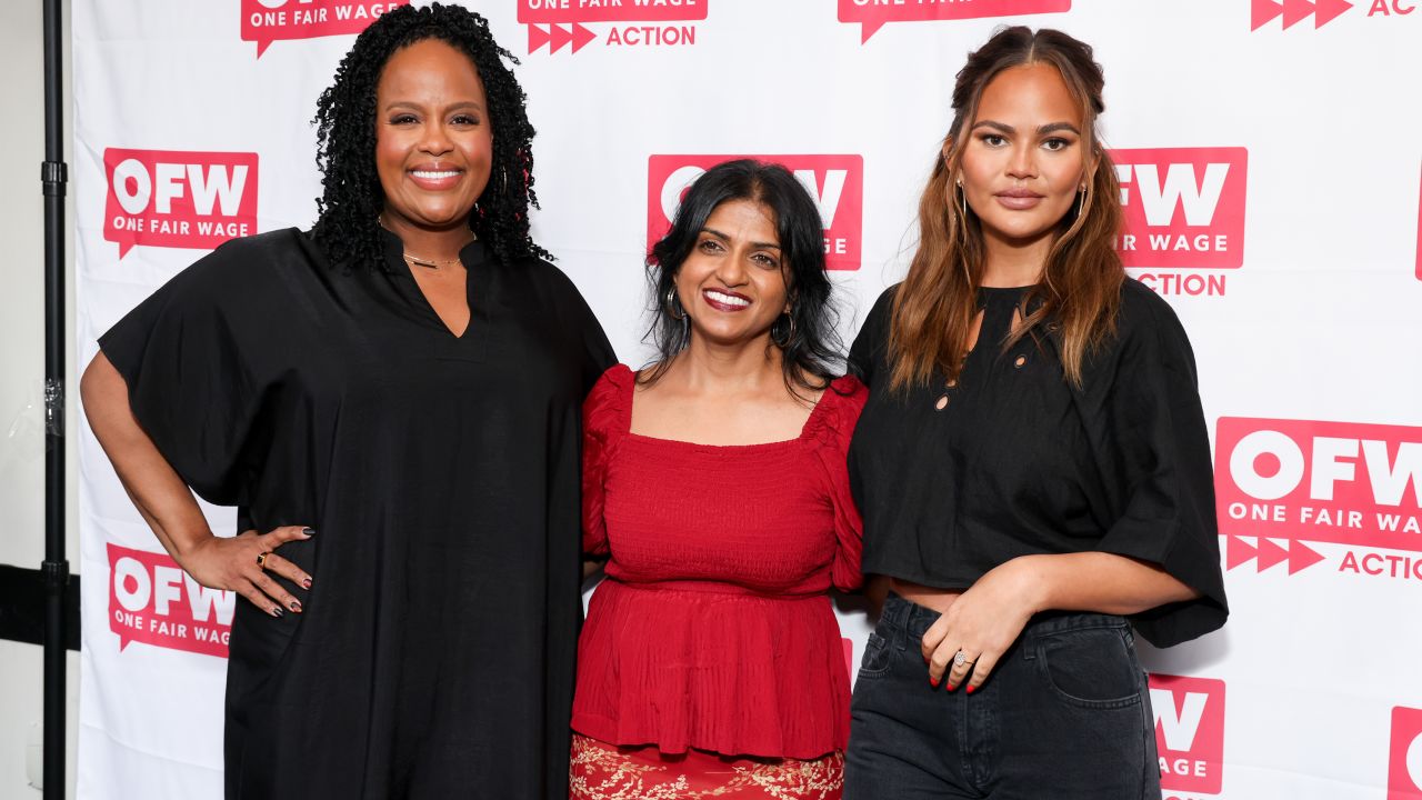 (from left) Natasha Rothwell, Saru Jayaraman (president of One Fair Wage) and Chrissy Teigen at the One Fair Wage Fundraiser at Gracias Madre on September 21, 2023 in West Hollywood, California.