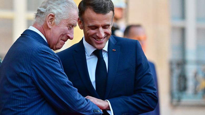 PARIS, FRANCE - SEPTEMBER 21: King Charles III and President Emmanuel Macron are seen at the Élysée Palace on September 21, 2023 in Paris, France. The King and The Queen's first state visit to France will take place in Paris, Versailles and Bordeaux from Wednesday 20th to Friday 23rd 2023. The visit had been initially scheduled for March 26th - 29th but had to be postponed due to mass strikes and protests (Photo by Christian Liewig - Corbis/Corbis via Getty Images)