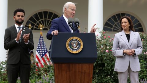 President Joe Biden speaks as  Rep. Maxwell Frost and Vice President Kamala Harris listen during a Rose Garden event on gun safety at the White House on September 22, 2023 in Washington, DC.