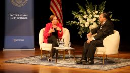 G. Marcus Cole, at right, dean of the Notre Dame Law School, listens to U.S. Supreme Court Associate Justice Elena Kagan on Friday, Sept. 22, 2023, during a conversation on democracy at the DeBartolo Performing Arts Center on the University of Notre Dame campus in South Bend.