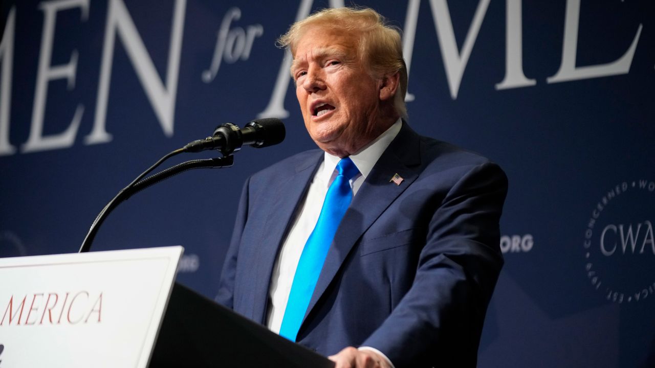 FILE - Former President Donald Trump speaks at a Concerned Women for America Summit at the Capitol Hilton, Friday, Sept. 15, 2023, in Washington. (AP Photo/Andrew Harnik, File)