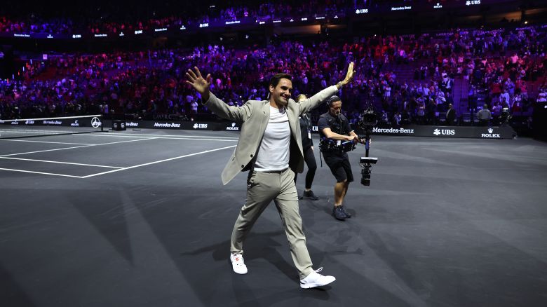 Former ATP player Roger Federer reacts as he walks onto the court for an interview during day one of the Laver Cup at Rogers Arena on September 22, 2023 in Vancouver, British Columbia.