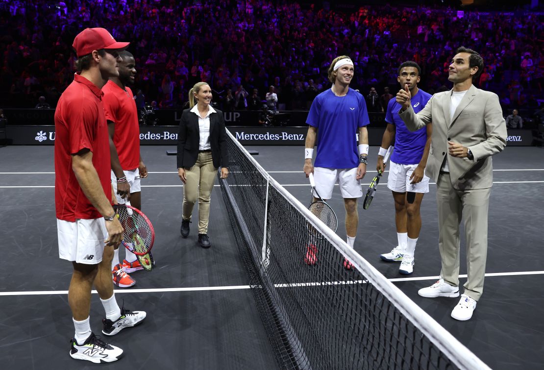 Former ATP Player Roger Federer on court for the coin toss prior to a match between Arthur Fils and Andrey Rublev of Team Europe and Tommy Paul and Frances Tiafoe of Team World during day one of the Laver Cup at Rogers Arena on September 22, 2023 in Vancouver, British Columbia.