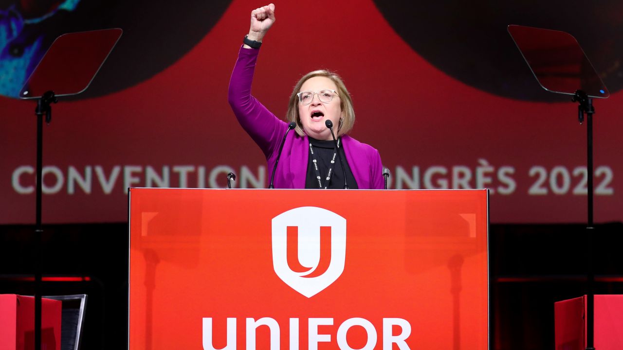 Lana Payne speaks to the delegates after being elected the new president of UNIFOR, Canada's largest private sector union, at the Metro Toronto Convention Centre on August 10, 2022.