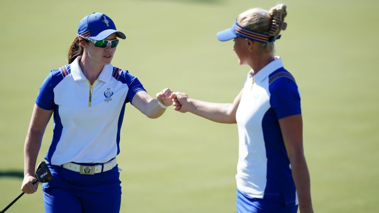 Europe's Leona Maguire (left) and Charley Hull react on the 12th during day two of the 2023 Solheim Cup at Finca Cortesin, Malaga. Picture date: Saturday September 23, 2023. 
