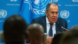 Russian Foreign Minister Sergey Lavrov holds a press conference at the United Nations headquarters on September 23, 2023 in New York City.