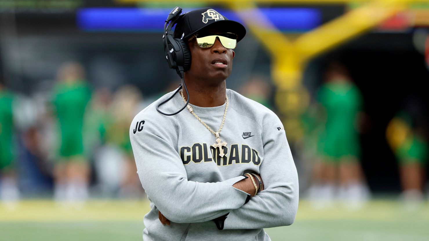 Sep 23, 2023; Eugene, Oregon, USA; Colorado Buffaloes head coach Deion Sanders watches the reply board during the first half against the Oregon Ducks at Autzen Stadium. Mandatory Credit: Soobum Im-USA TODAY Sports