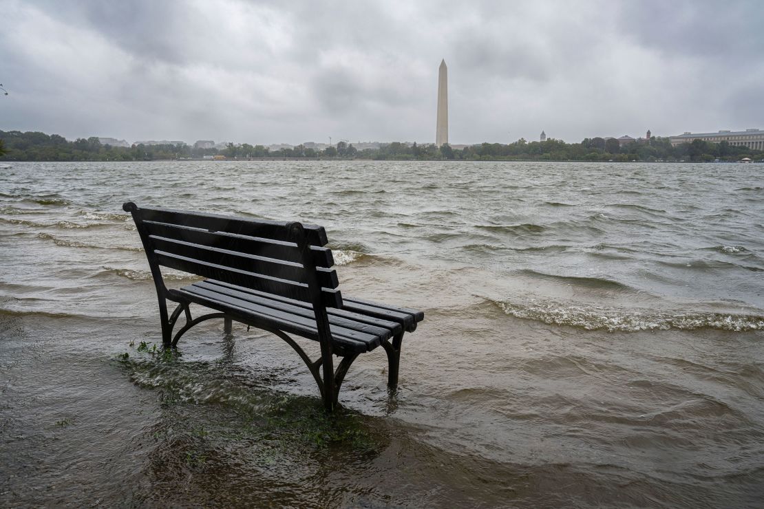 The Tidal Basin in Washington overflows the banks with the rain from Tropical Storm Ophelia on  Saturday.