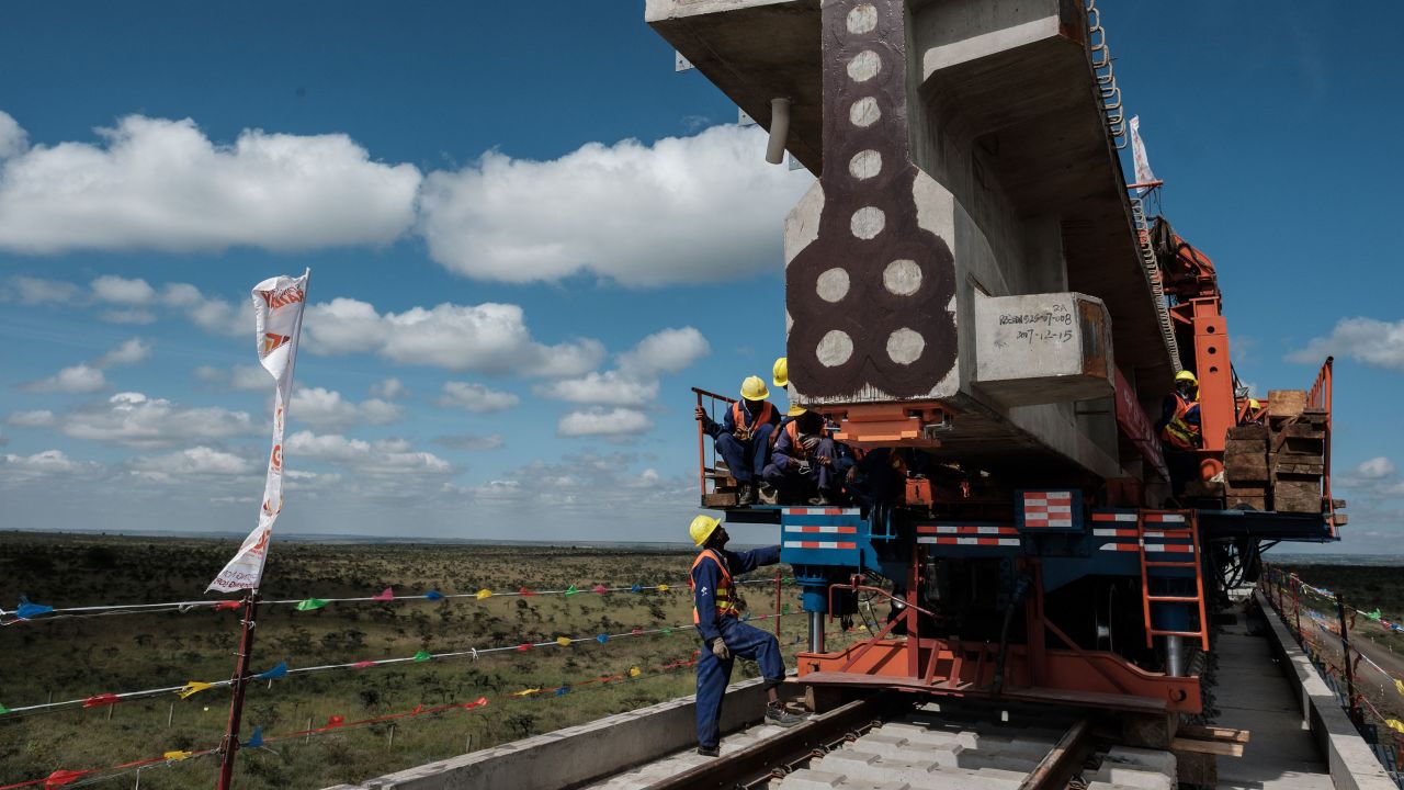 A railway track at the construction site of a Standard Gauge Railway project in Nairobi, Kenya.