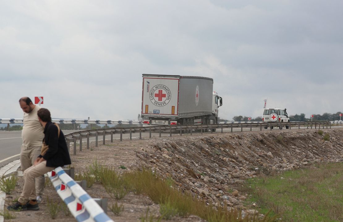 ICRC vehicles transport humanitarian aid for residents of Nagorno-Karabakh  towards the Armenia-Azerbaijan border on September 23.