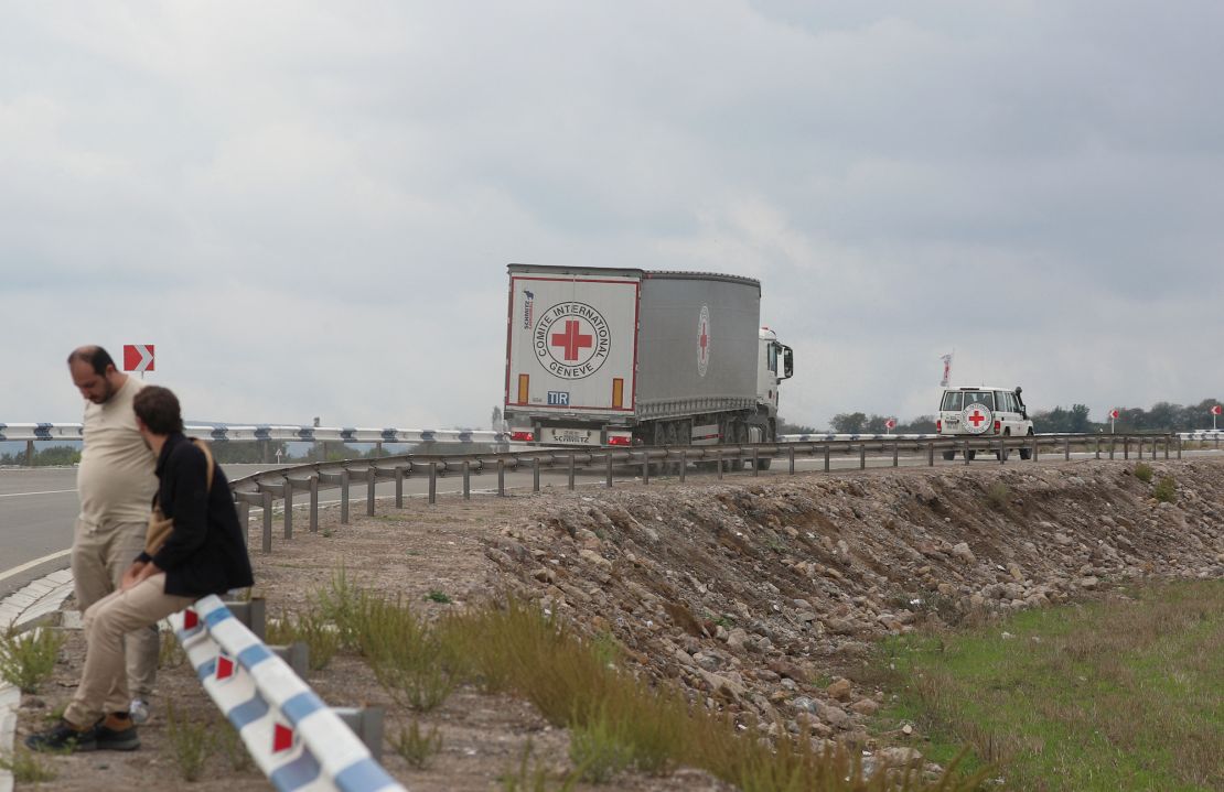 ICRC vehicles transport humanitarian aid for residents of Nagorno-Karabakh towards the Armenia-Azerbaijan border on September 23.