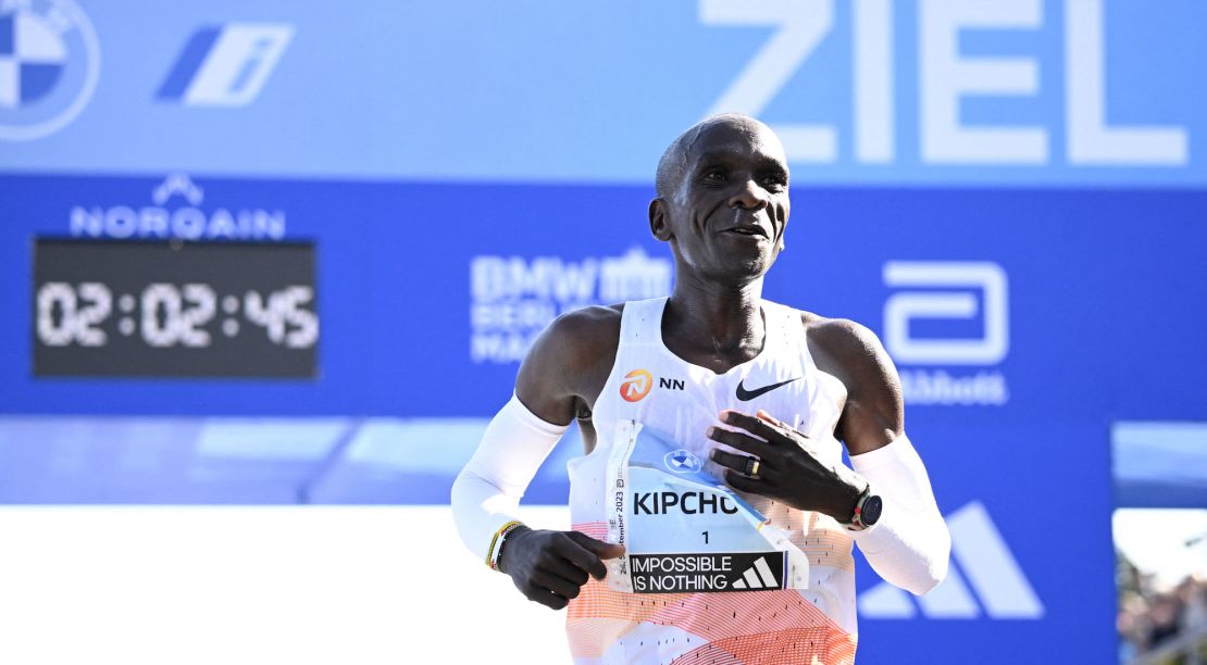 Kenya's Eliud Kipchoge smiles asfter crossing the finish line to win the men's race of the Berlin Marathon on September 24, 2023 in Berlin, Germany. (Photo by Tobias SCHWARZ / AFP) (Photo by TOBIAS SCHWARZ/AFP via Getty Images)