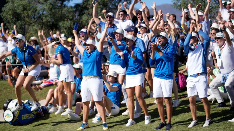 Members of the Europe team celebrate a hit from Carlota Ciganda during the single match at the Solheim Cup golf tournament in Finca Cortesin, near Casares, southern Spain, Sunday, Sept. 24, 2023. Europe play the United States in this biannual women's golf tournament, which played alternately in Europe and the United States.
