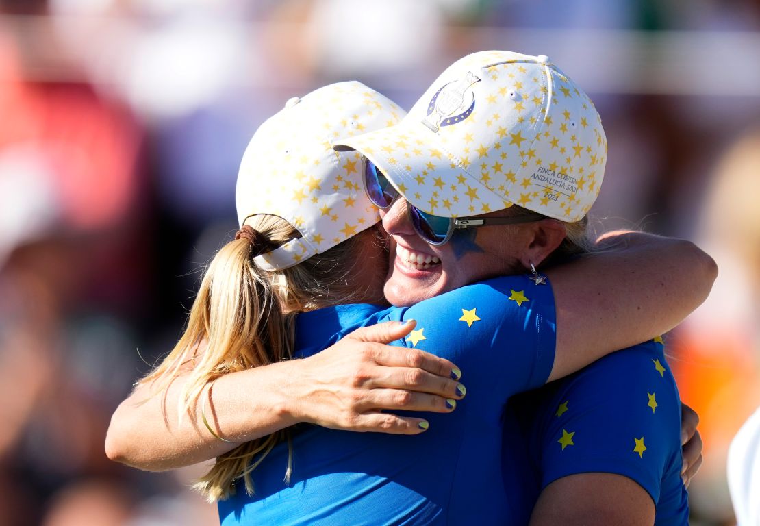 Europe's Non-playing assistant captain Caroline Martens congratulates Europe's Maja Stark at the end of the single match at the Solheim Cup golf tournament in Finca Cortesin, near Casares, southern Spain, Sunday, Sept. 24, 2023. Europe play the United States in this biannual women's golf tournament, which played alternately in Europe and the United States.