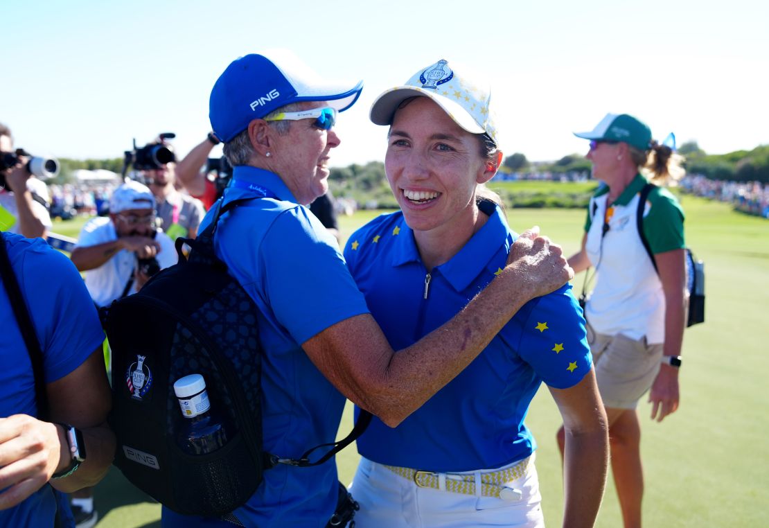 Europe's Carlota Ciganda celebrates winning her Singles match against USA's Nelly Korda as Europe retain the Solheim Cup during day three of the 2023 Solheim Cup at Finca Cortesin, Malaga. Picture date: Sunday September 24, 2023.