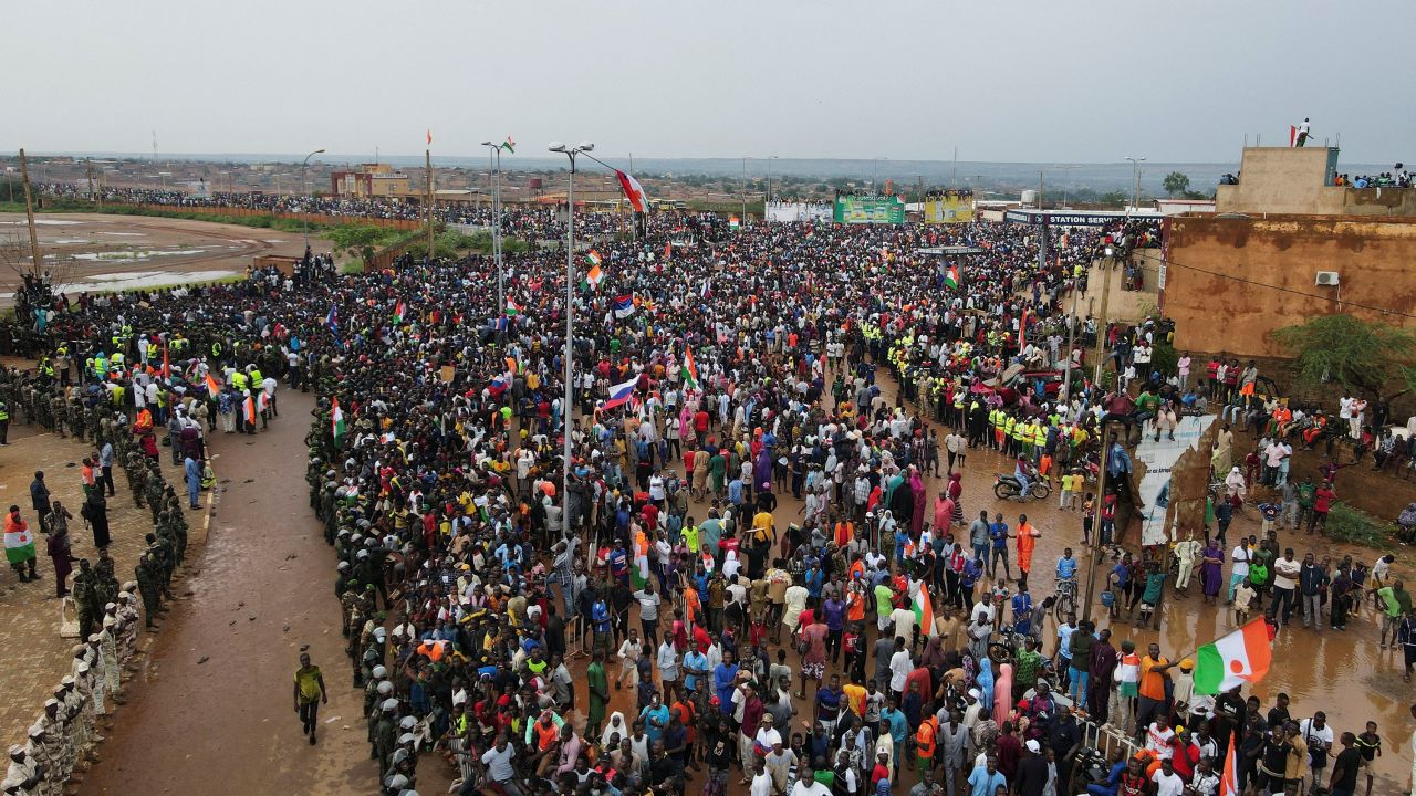 Thousands of Nigeriens gather in front of the French army headquarters, in support of the putschist soldiers and to demand the French army to leave, in Niamey, Niger, on September 2, 2023. 