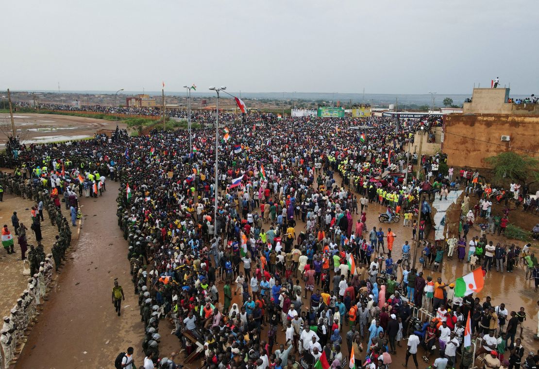 Thousands of Nigeriens gather in front of the French army headquarters, in support of the putschist soldiers and to demand the French army to leave, in Niamey, Niger, on September 2, 2023. 
