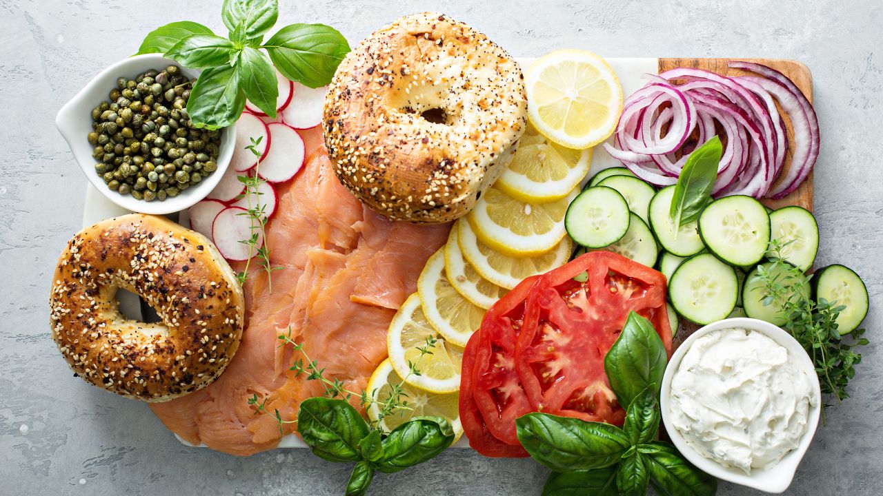 A tray of bagels and lox.