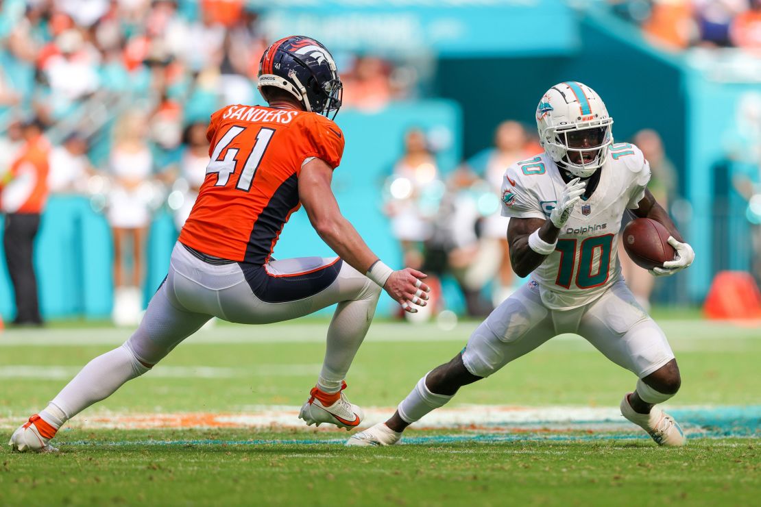 Miami Dolphins wide receiver Tyreek Hill, shown here in the third quarter, scored the Dolphins first touchdown a little more than a minute into the game.