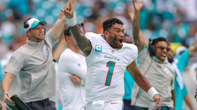 Sep 24, 2023; Miami Gardens, Florida, USA;  Miami Dolphins reacts after a touchdown  by wide receiver Robbie Chosen (3) (not pictured) against the Denver Broncos in the fourth quarter at Hard Rock Stadium. Mandatory Credit: Nathan Ray Seebeck-USA TODAY Sports