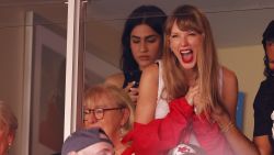 KANSAS CITY, MISSOURI - SEPTEMBER 24: Taylor Swift reacts during a game between the Chicago Bears and the Kansas City Chiefs at GEHA Field at Arrowhead Stadium on September 24, 2023 in Kansas City, Missouri. (Photo by David Eulitt/Gett