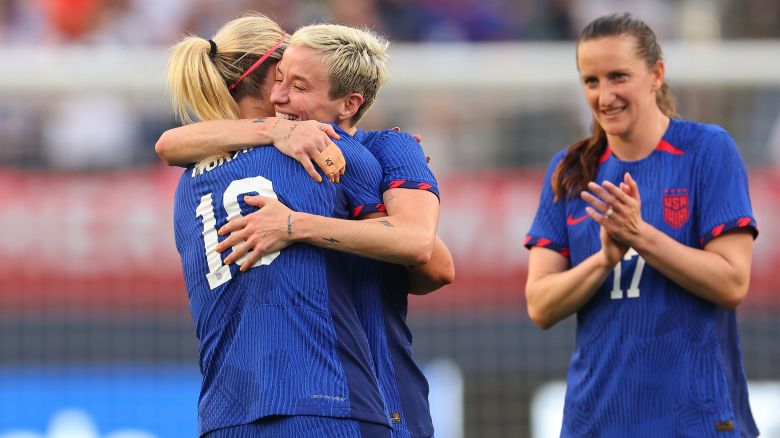 Megan Rapinoe, #15 of the USWNT, hugs Lindsey Horan, #10, as she is substituted out of her final game for the United States on September 24, 2023.