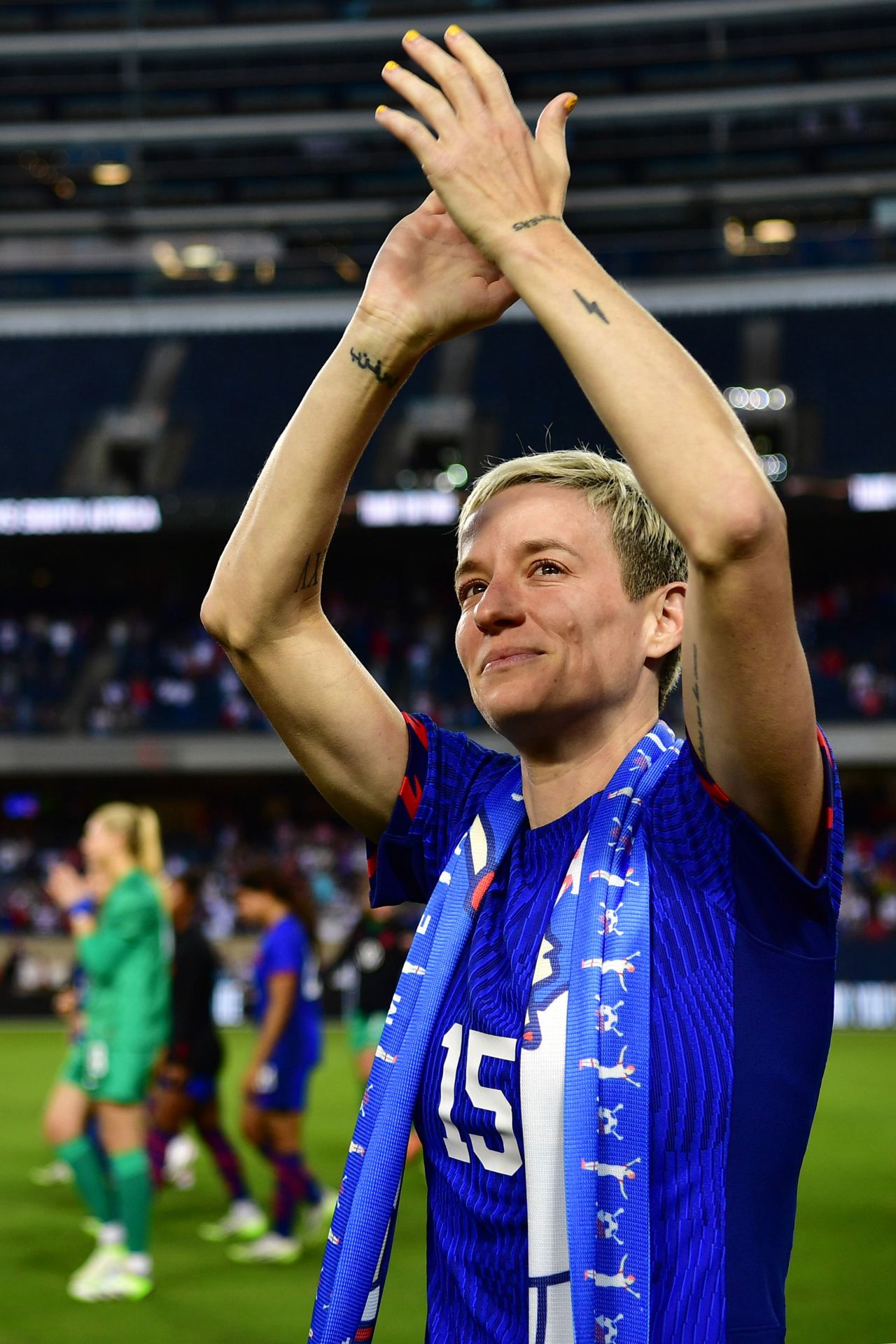Rapinoe acknowledges fans after her<a href="https://www.cnn.com/2023/09/24/us/megan-rapinoe-final-us-game-spt-intl/index.html" target="_blank"> final game with the US Women's National Team</a> in September 2023. She made 203 appearances with the team. "It has been such an honor to be able to wear this shirt and to play with all of these amazing players and to just live out my childhood dream casually in front of the world," she said in a speech after the game.