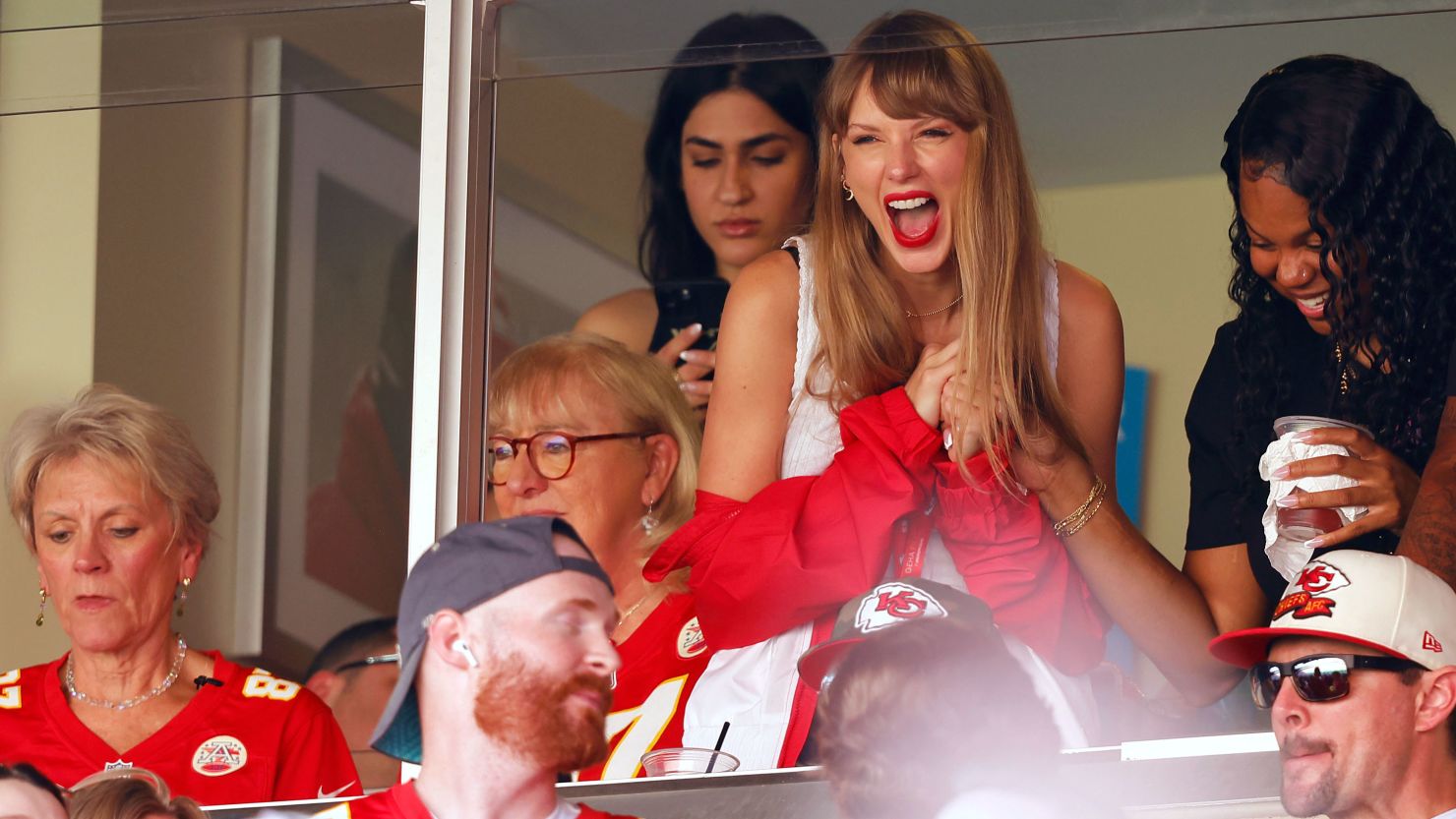 Taylor Swift reacts during a game between the Chicago Bears and the Kansas City Chiefs at GEHA Field at Arrowhead Stadium on September 24, 2023 in Kansas City, Missouri.