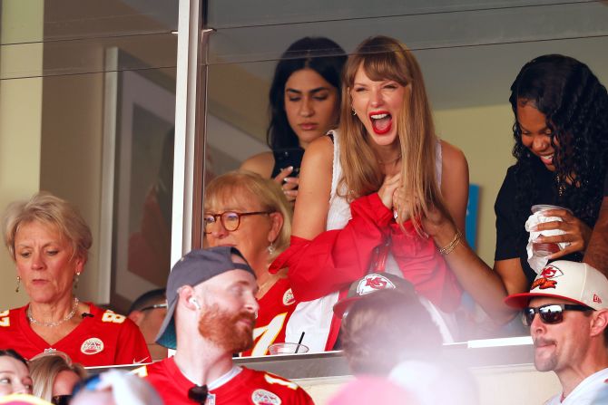 Grammy Award-winning singer Taylor Swift <a href="index.php?page=&url=https%3A%2F%2Fwww.cnn.com%2F2023%2F09%2F24%2Fentertainment%2Ftaylor-swift-travis-kelce-chiefs-game%2Findex.html" target="_blank">cheers on the Kansas City Chiefs</a> from the family suite of Chiefs tight end Travis Kelce on September 24. Swift's show of support comes after weeks of speculation -- by various NFL broadcasters and the vast majority of Swifties -- that she and Kelce are dating. Swift had plenty to cheer about as the Chiefs beat the Chicago Bears 41-10.