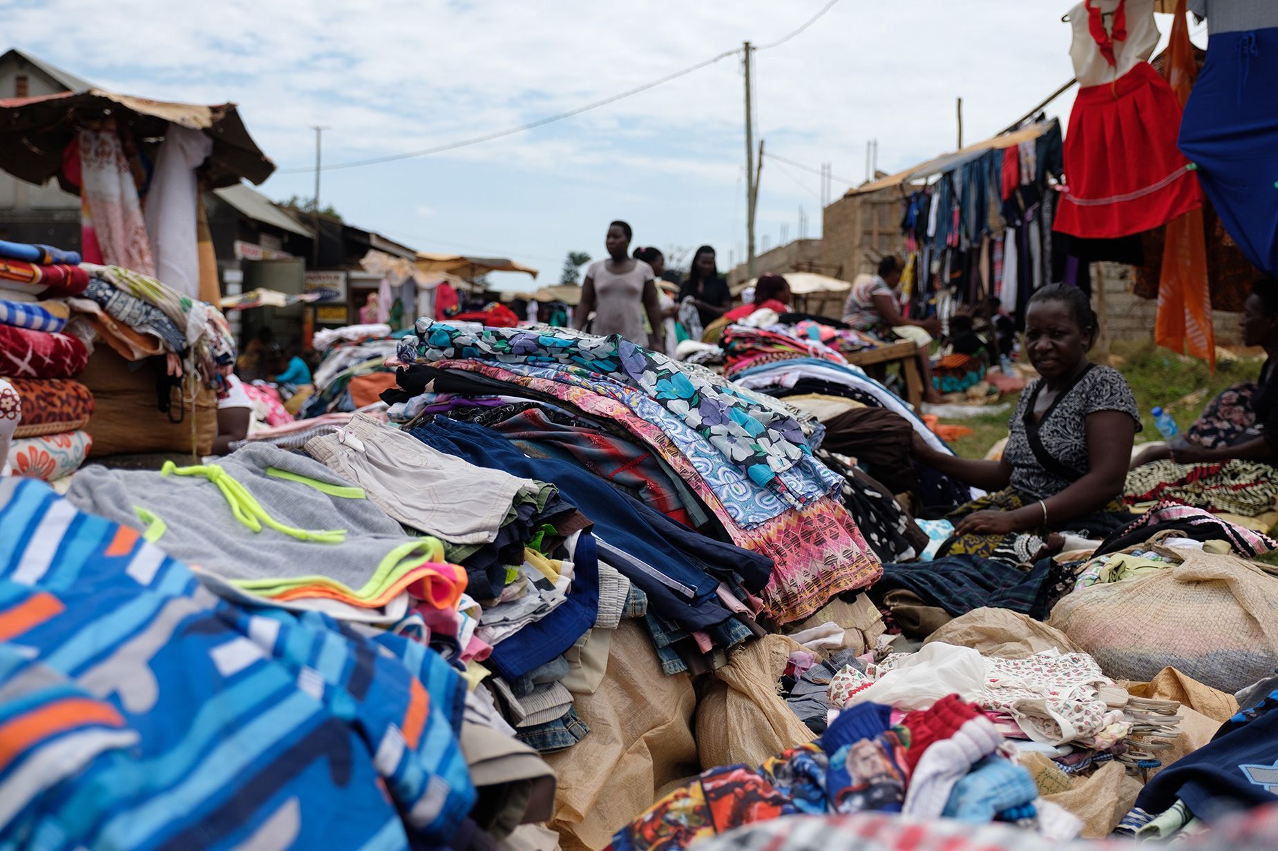 ENTEBBE, KAMPALA DISTRICT, UGANDA - SEPTEMBRE 21: Second hand clothes to sell in a local market on Septembre 21, 2018 in Entebbe, Kampala district, Uganda. (Photo by Camille Delbos/Art In All of Us/Corbis via Getty Images)
