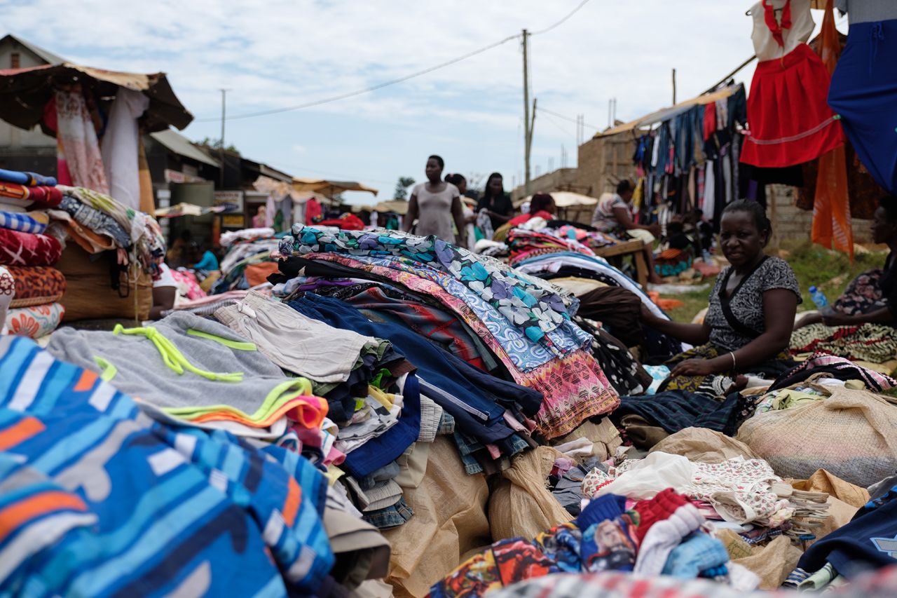 ENTEBBE, KAMPALA DISTRICT, UGANDA - SEPTEMBRE 21: Second hand clothes to sell in a local market on Septembre 21, 2018 in Entebbe, Kampala district, Uganda. (Photo by Camille Delbos/Art In All of Us/Corbis via Getty Images)