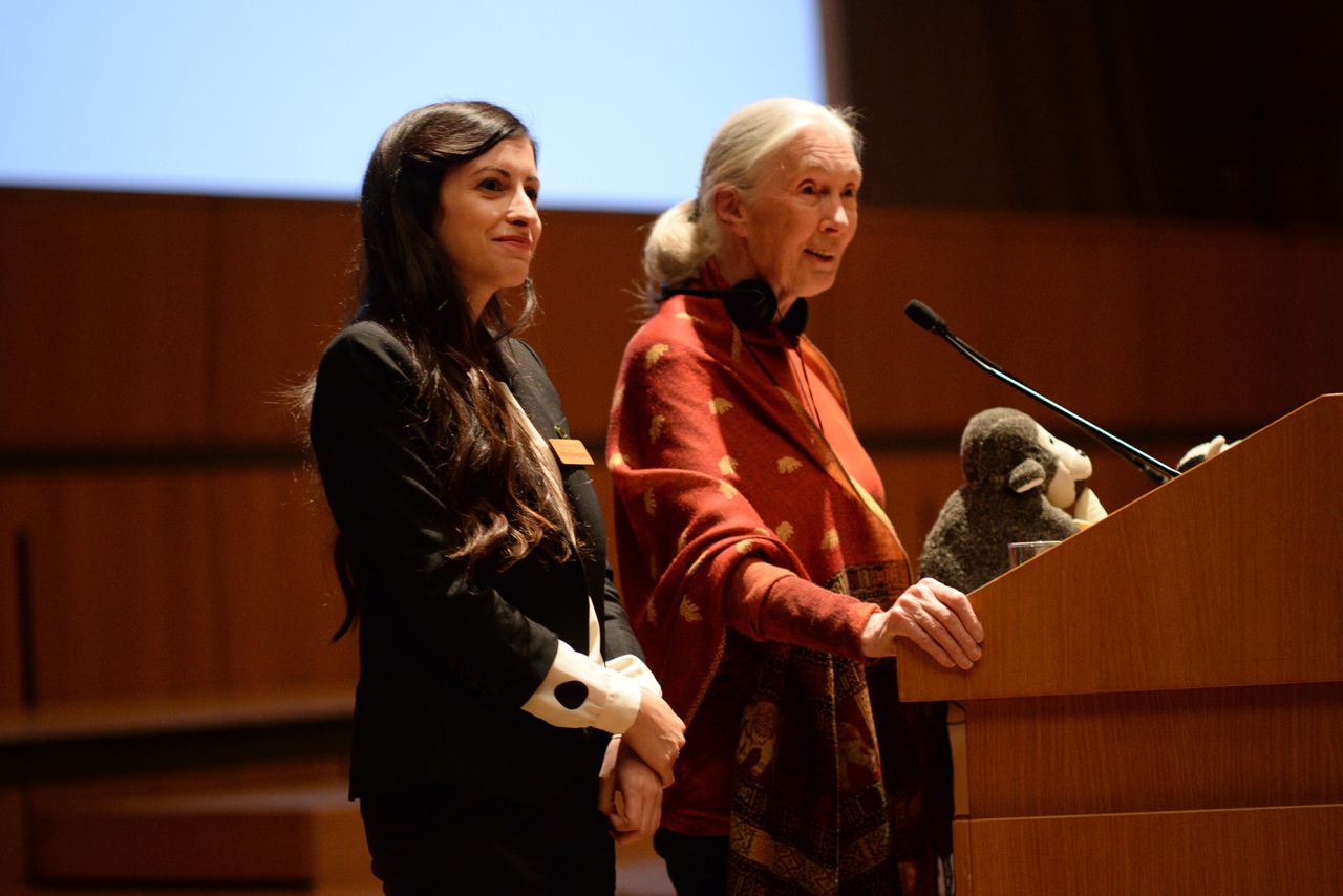 8.	Dr. Anna Katogiritis (left), founder of Veterinary Global Aid, and Dr. Jane Goodall, DBE, UN Messenger of Peace, Founder of the Jane Goodall Institute (right) address students at a school in Athens, Greece (2016).