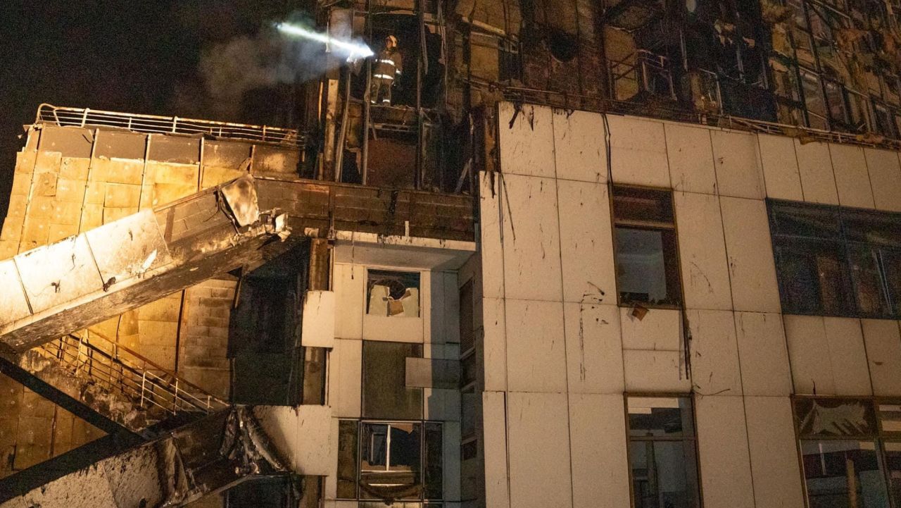 A firefighter works at a site of a hotel damaged by a Russian military attack, amid Russia's attack on Ukraine, in Odesa, Ukraine September 25, 2023. Press service of the State Emergency Service of Ukraine in Odesa region/Handout via REUTERS ATTENTION EDITORS - THIS IMAGE HAS BEEN SUPPLIED BY A THIRD PARTY. DO NOT OBSCURE LOGO. MANDATORY CREDIT.