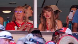 Taylor Swift reacts while sitting next to Donna Kelce watching the Kansas City Chiefs vs Chicago Bears game during the first half at GEHA Field at Arrowhead Stadium on September 24 in Kansas City, Missouri.