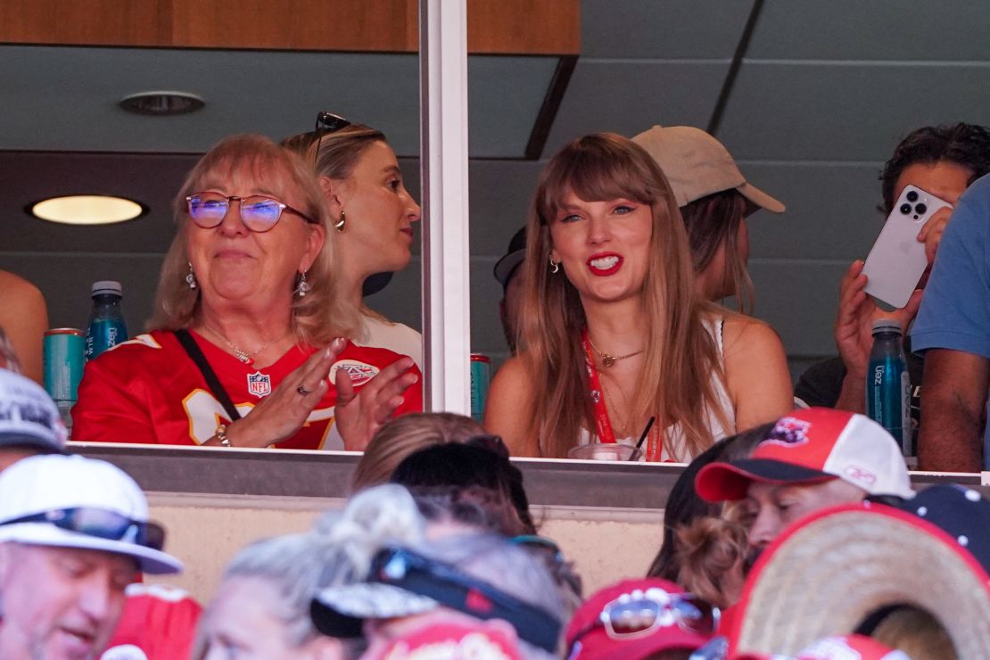 Taylor Swift reacts while sitting next to Donna Kelce watching the Kansas City Chiefs vs Chicago Bears game during the first half at GEHA Field at Arrowhead Stadium on September 24 in Kansas City, Missouri.